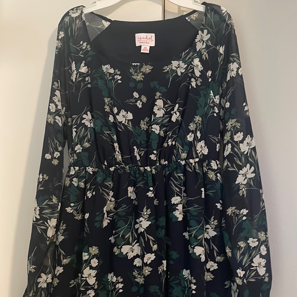 Navy blue floral chiffon Long sleeve maxi dress
